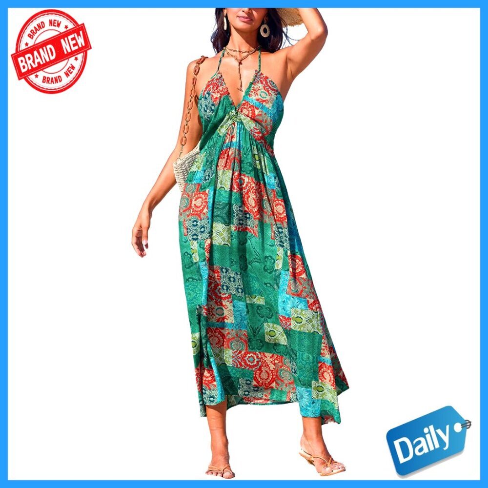Backless Halter Maxi Dress with Ruffle Hem, Smocked Waist, Rayon